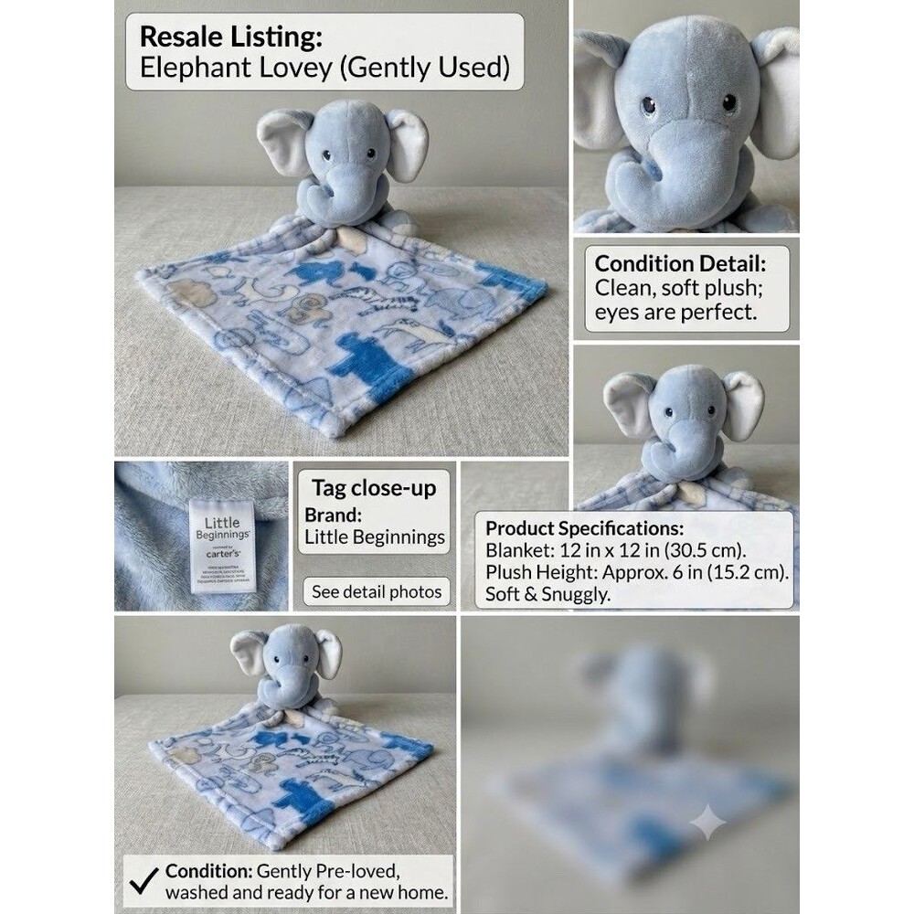 Little Beginnings 7” Blue Elephant Plush Animal w/ Security Blanket  Lovey toy